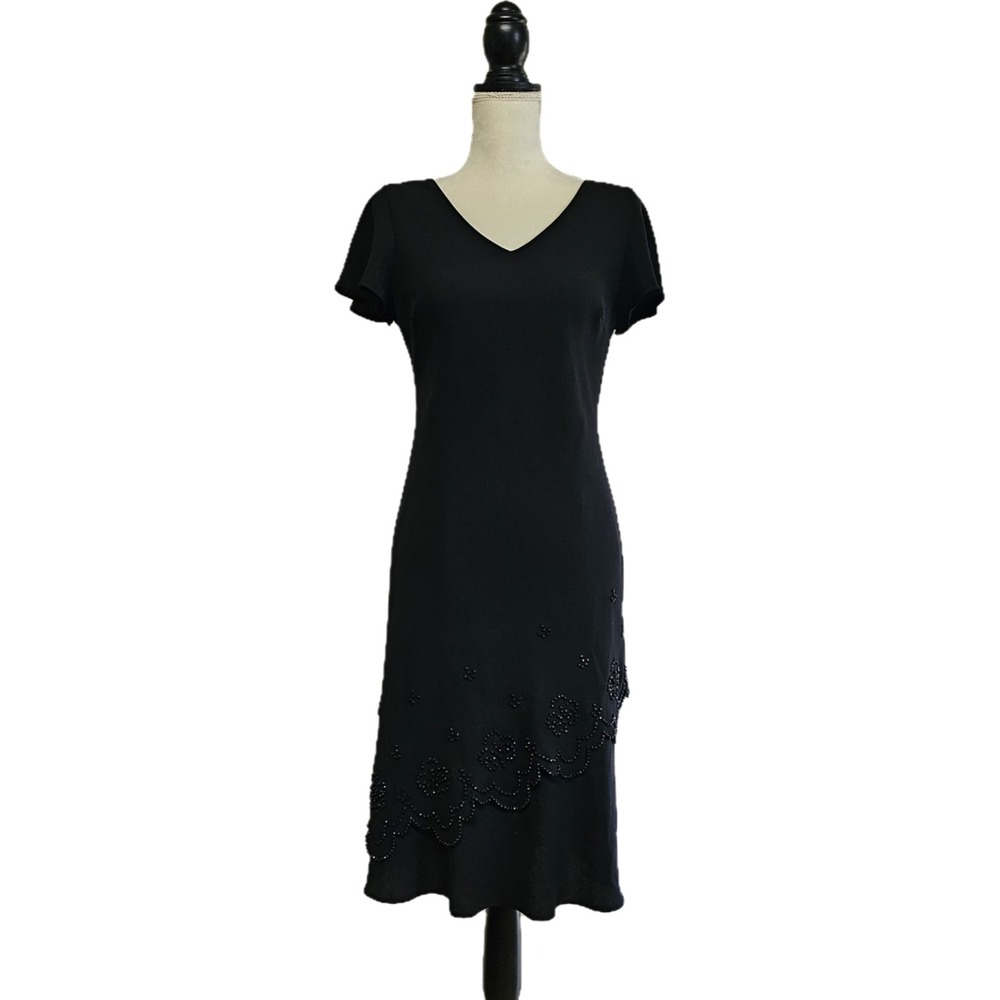 Vintage 80s S.L. Fashions Black Beaded Layered Midi Dress Size 8‎ Glam Evening